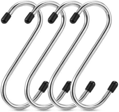 S Shape Stainless Steel Hooks Pack of 4 - Heavy Duty S-Hooks for Kitchen, Bathroom, Clothes, Pots & Plant Hangers