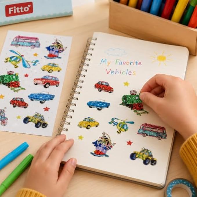 240 Pieces Glitter Vehicle Stickers (Assorted Sparkly Cars – Trains – Boats and Aircraft Peel-and-Stick Craft Decorations for Books – Cards and Projects)