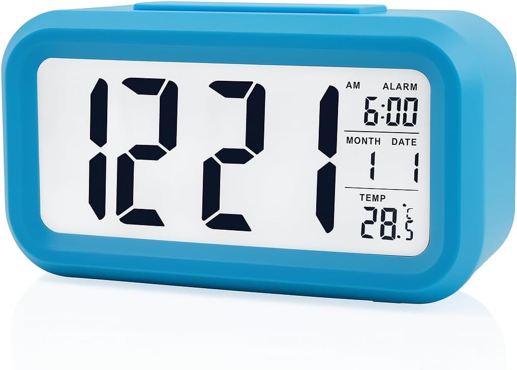 Smart Digital Alarm Clock with Date & Temperature, Snooze Button, Battery Operated LCD Display Desk Clock with Night Light & Auto-Dimming for Kids, Bedroom, Home Office