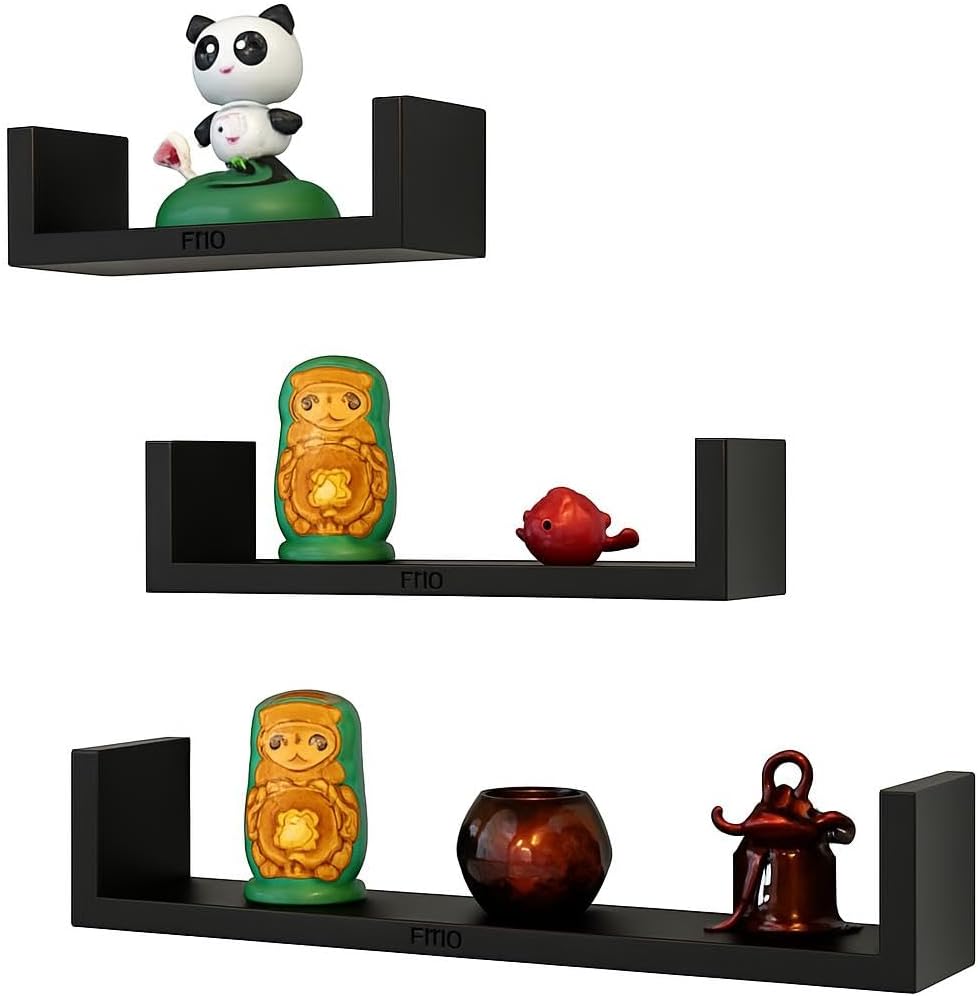 C-Shape Wall Shelves Set of 3, Black Square Edge Floating Shelves