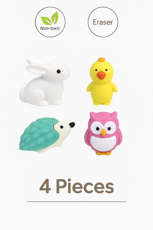 4 Piece Assorted Birds & Animals Shaped Erasers Assorted Colors