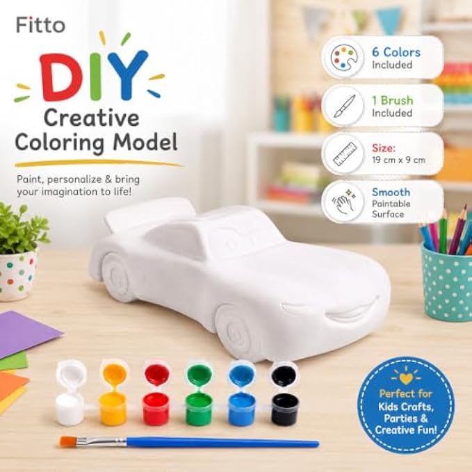96 Pieces DIY Creative Car Painting Kits with White Paintable Car Model (6 Paint Pots and Brush – Assorted Colors)
