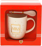 96 Pieces White Ceramic Mugs with Spoon and Lid (MR.s Beautiful Design in Golden Color)