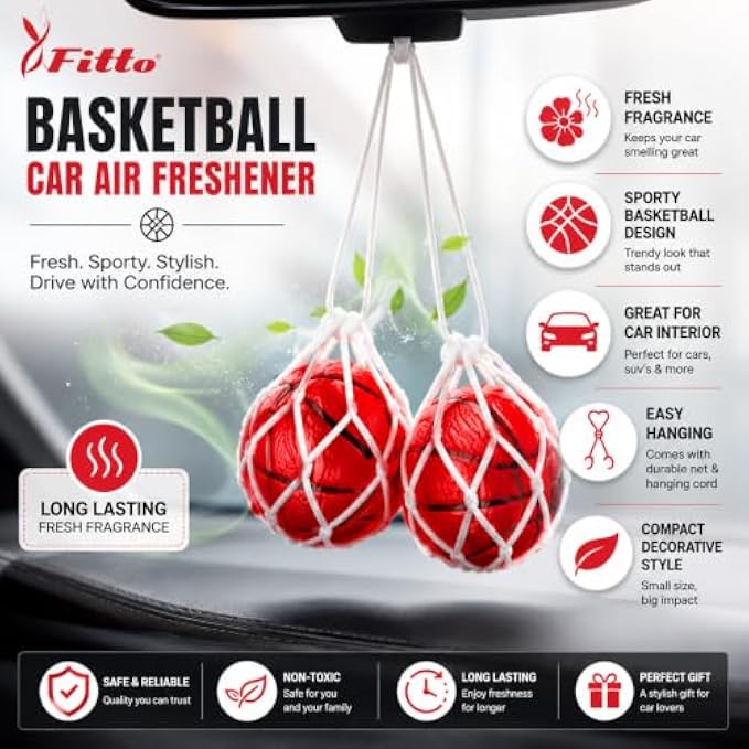 96 Pieces Basketball Car Air Fresheners (2-Piece Red Hanging Fragrance Balls with White Net Cord for Car Interior – SUV – Locker and Small Spaces)