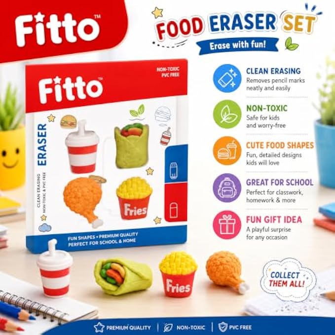 144 Pieces Food-Shaped Eraser Sets (4-Piece Assorted Drink Cup – Wrap – Fries and Chicken Pencil Erasers)