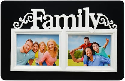 Family Photo Frame with Dual Picture Slots and Decorative 'Family' Text, Black with White Border