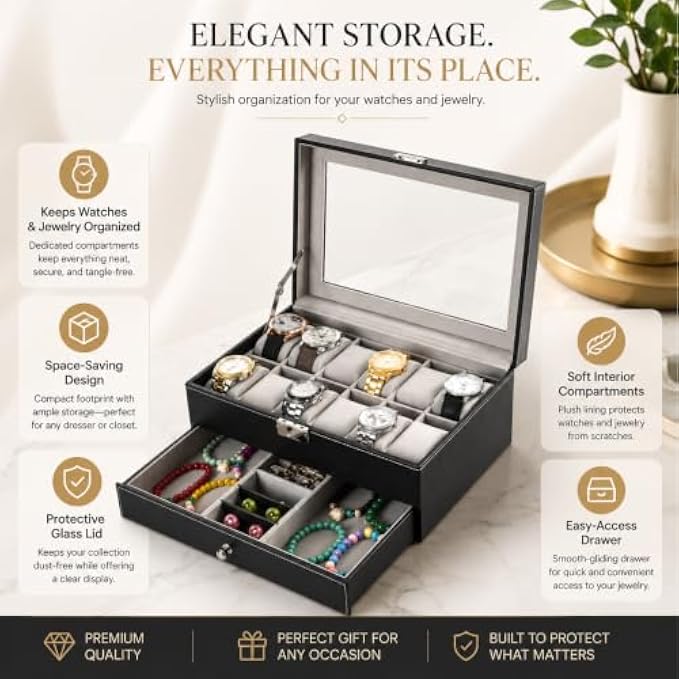 48 Pieces Watch and Jewelry Organizer Boxes with Glass Lid (12 Watch Compartments and Pull-Out Drawer for Rings – Bracelets and Accessories – Black)