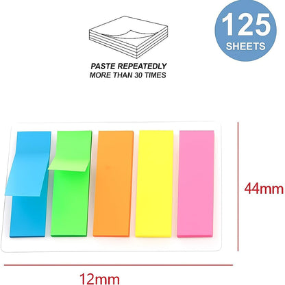 Sticky Notes 125 Sheets 12mm x 44mm Multi-Color Tabs, 5 in 1 Pack for Office and School