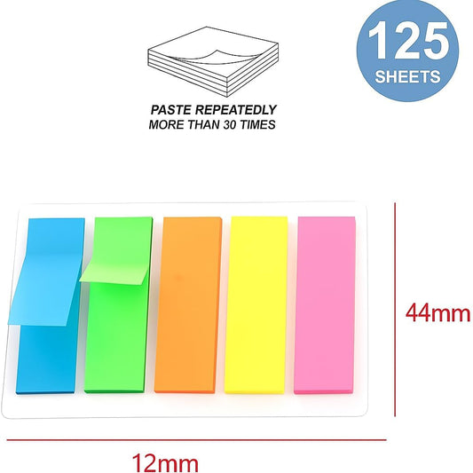 Sticky Notes 125 Sheets 12mm x 44mm Multi-Color Tabs, 5 in 1 Pack for Office and School