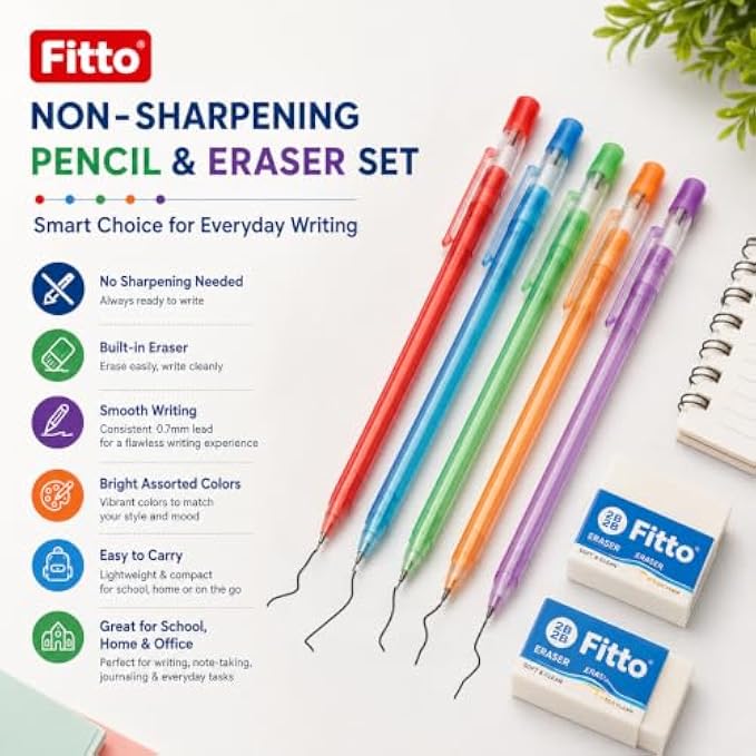 96 Pieces Non-Sharpening Pencil and Eraser Sets (30pcs Assorted Colors 0.7 mm Mechanical Pencils with 8pcs Erasers for Writing – Notes – School – Home and Office)