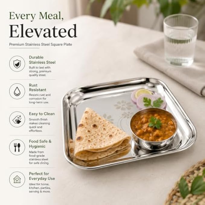 96 Pieces Stainless Steel Square Plates (Food-Grade Reusable Serving Plate with Raised Edges – Rust Resistant Easy Clean Dinner Plate for Home Kitchen Parties and Daily Meals – Silver)