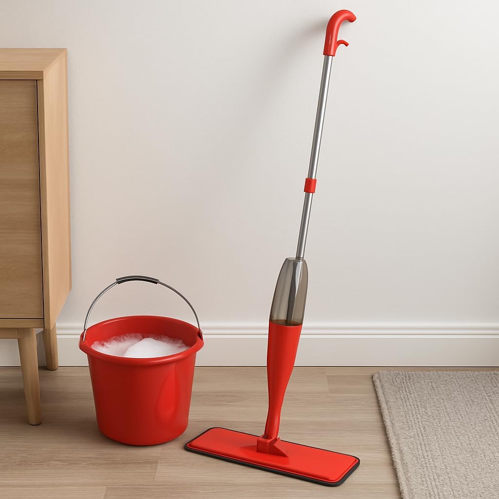 Red Microfiber Spray Mop - Adjustable Handle, Easy-to-Use Spray Function, and Washable Pad - Ideal for Hardwood, Tile, and Laminate Floors - Lightweight and Ergonomic Design