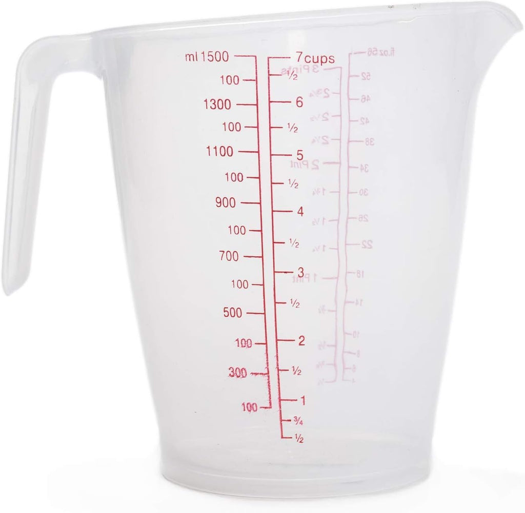 144 Pieces 1500ml Plastic Measuring Cups (Transparent Jug for Cooking & Baking – Easy-Read Red Markings – Non-Slip Handle – Slanted Spout – Stackable BPA-Free 7 Cup Measure for Accurate Liquid Measurements)