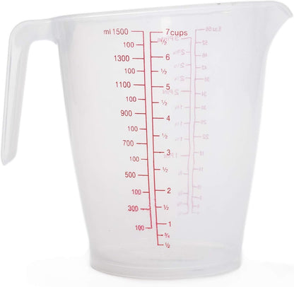 1500ml Plastic Measuring Cup – Transparent Jug for Cooking & Baking – Easy-Read Red Markings, Non-Slip Handle, Slanted Spout – Stackable BPA-Free 7 Cup Measure for Accurate Liquid Measurements
