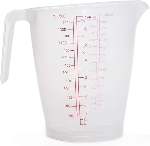 FITTO 1500ml Plastic Measuring Cup – Transparent Jug for Cooking & Baking – Easy-Read Red Markings, Non-Slip Handle, Slanted Spout – Stackable BPA-Free 7 Cup Measure for Accurate Liquid Measurements