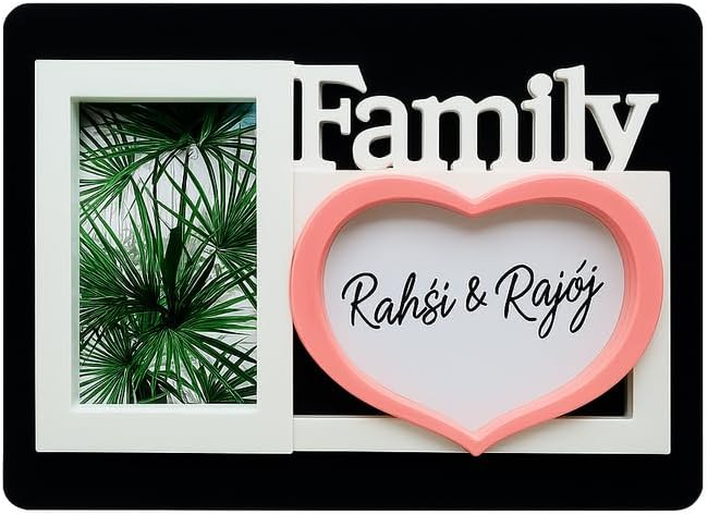 Family Photo Frame with Dual Picture Slots, Decorative Family Text, Black with White Border and Pink Love Shape