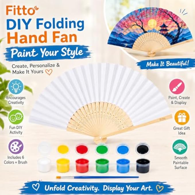 120 Pieces DIY Folding Hand Fan Painting Kits with White Paintable Fan (6 Paint Pots and Brush – Natural Wood and Assorted Colors)