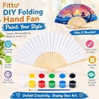 120 Pieces DIY Folding Hand Fan Painting Kits with White Paintable Fan (6 Paint Pots and Brush – Natural Wood and Assorted Colors)