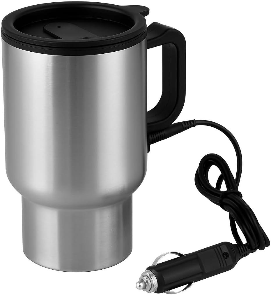 12V Car Heating Cup, Heated Mug, 450ml, Stainless Steel, Travel, Electric Coffee Cup, Insulated Thermos Mug