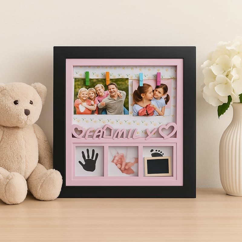 Baby Girl Photo Frame with Black Frame and Pink Border, 4 Picture Slots for Nursery Decor