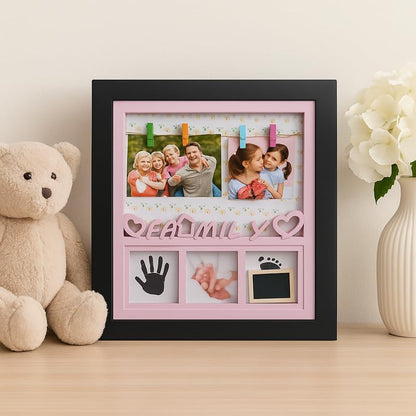 Baby Girl Photo Frame with Black Frame and Pink Border, 4 Picture Slots for Nursery Decor