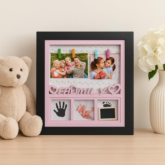 Baby Girl Photo Frame with Black Frame and Pink Border, 4 Picture Slots for Nursery Decor