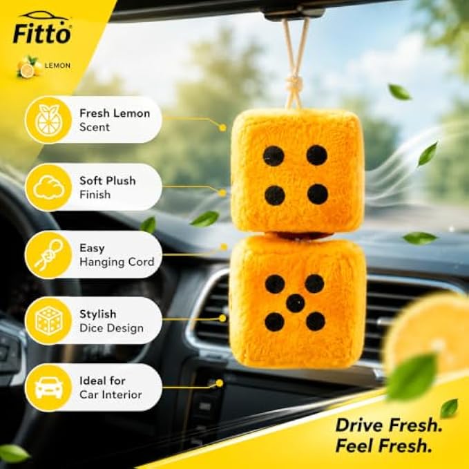 120 Pieces Fuzzy Dice Car Air Fresheners (Yellow Hanging Lemon-Scented Plush Dice Ornament with Cord for Rearview Mirror – Car – SUV and Small Spaces)