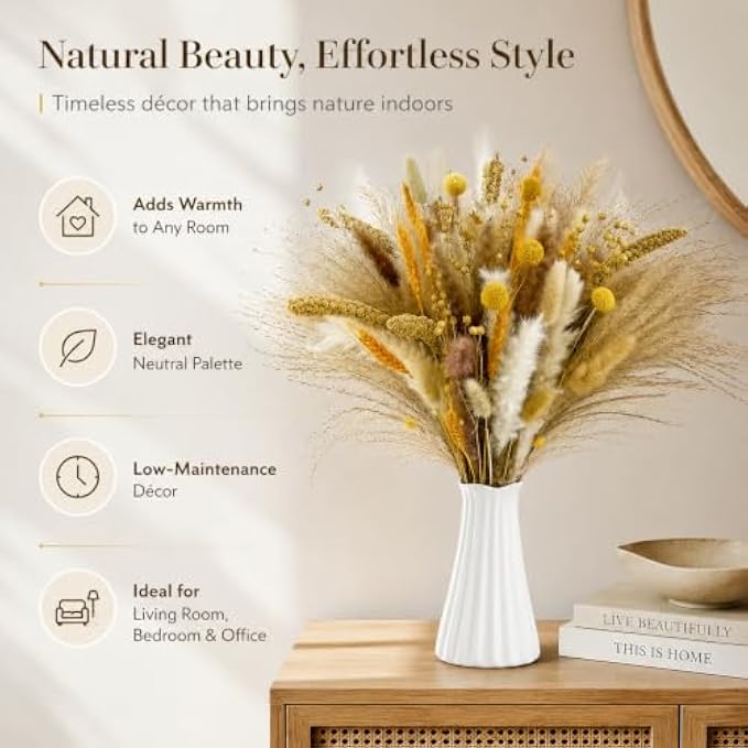 96 Pieces Natural Dried Pampas Grass Bouquets with Wheat Stems and Bunny Tails (Neutral Boho Floral Arrangement for Living Room – Bedroom and Office Décor – Yellow – Beige and White)