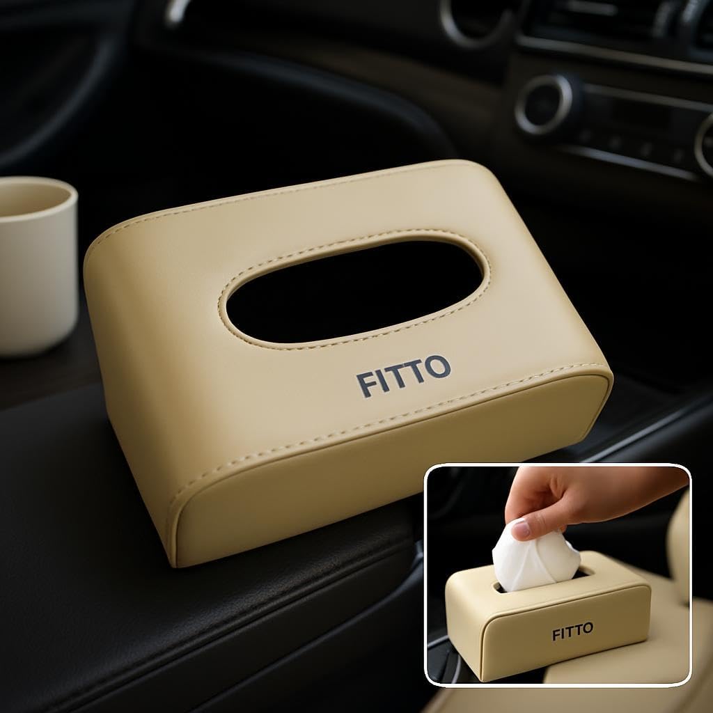 Car Leather Finish Carbon Fiber Refill Tissue Box Holder, Biege