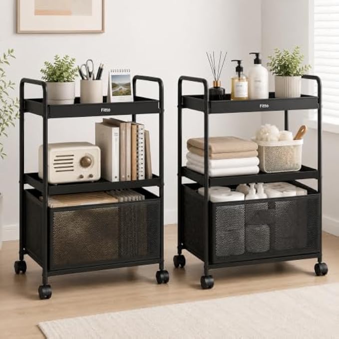72 Pieces 3 Tier Multifunctional Storage Racks (Rolling Organizer Shelf with Wheels for Kitchen – Bathroom – Bedroom and Living Room – Black and Wood)