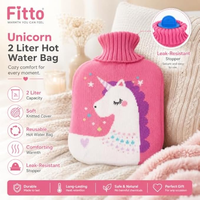 96 Pieces 2L Hot Water Bags with Pink Unicorn Knitted Cover (Reusable Warm Water Bottle with Leak-Resistant Stopper for Cozy Comfort)
