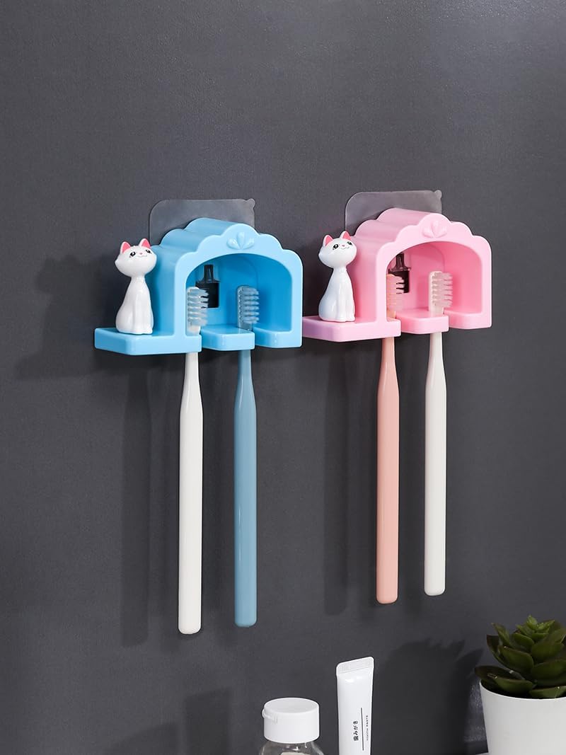 Cat Toothbrush Holder – Wall-Mounted Design – Blue & Pink – 2 Pack