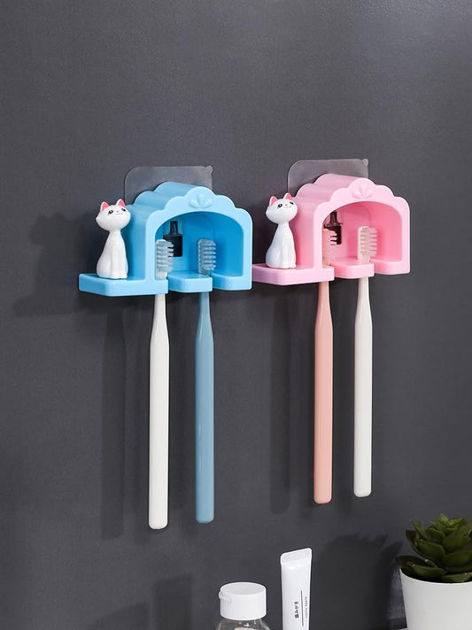 Cat Toothbrush Holder – Wall-Mounted Design – Blue & Pink – 2 Pack