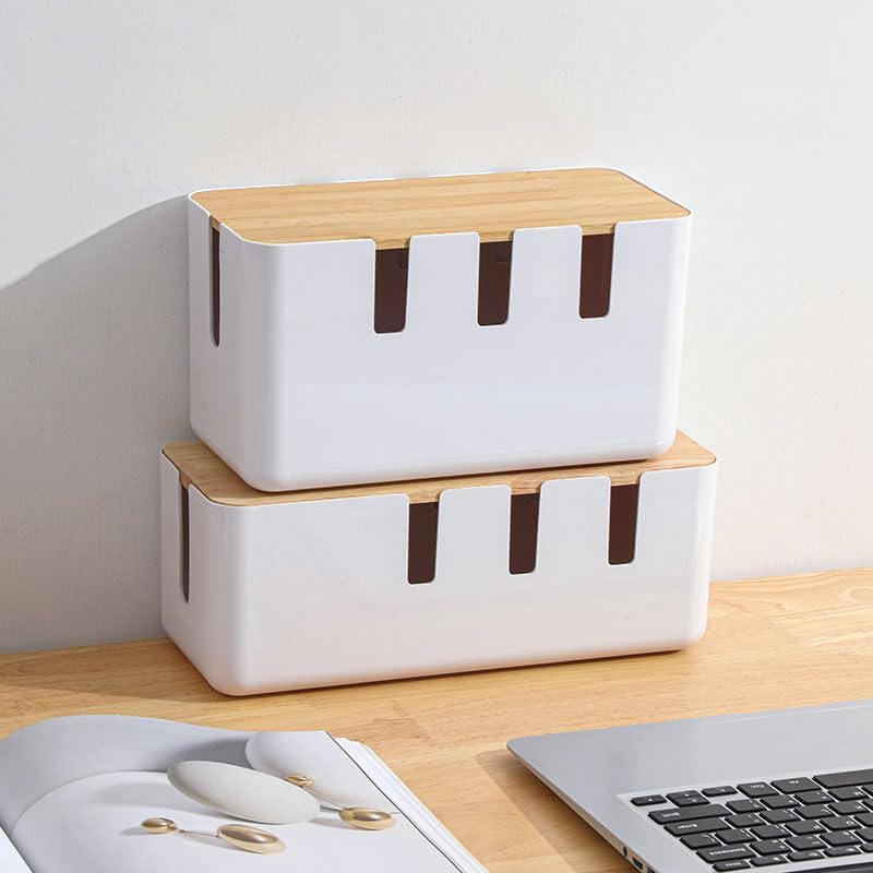 96 Pieces Power Cord Storage Boxes (Bamboo Lid + ABS – White – 2-Pack)