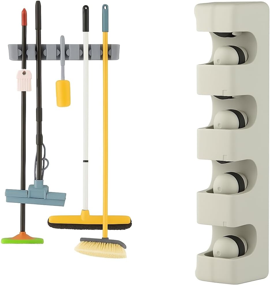 Wall Mounted Broom Holder – 5-Slot Organizer for Mops, Brushes, and Long-Handled Tools – Durable Plastic, Easy Installation with Screws Included for Home, Garage, Laundry, and More