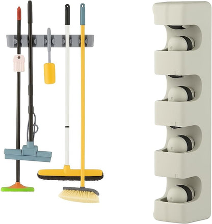 Wall Mounted Broom Holder – 5-Slot Organizer for Mops, Brushes, and Long-Handled Tools – Durable Plastic, Easy Installation with Screws Included for Home, Garage, Laundry, and More