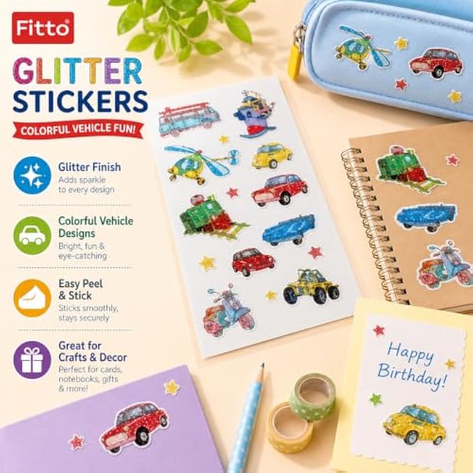 240 Pieces Glitter Vehicle Stickers (Assorted Sparkly Cars – Trains – Boats and Aircraft Peel-and-Stick Craft Decorations for Books – Cards and Projects)