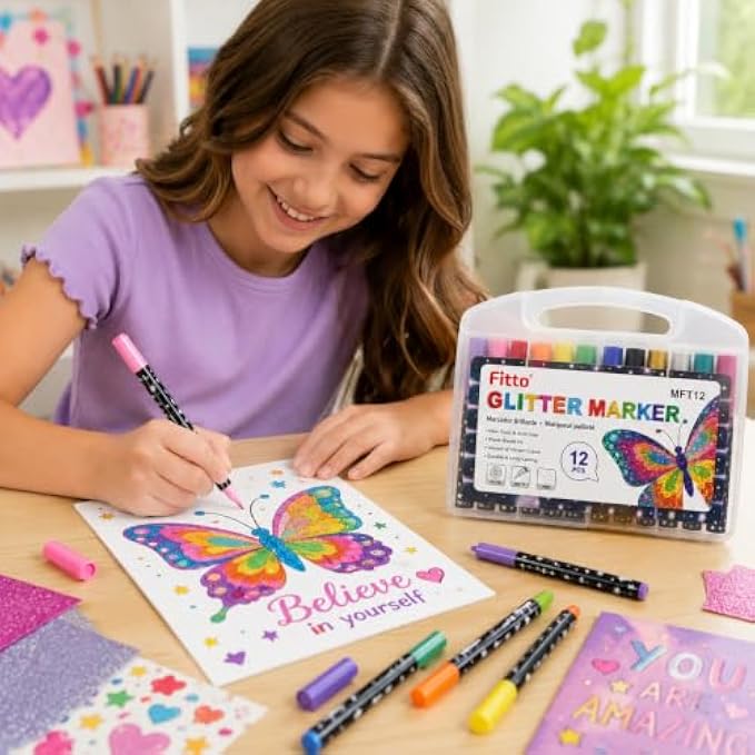 120 Pieces Glitter Markers (12-Piece Assorted Colors Set with 1.0 mm Fine Tips – Water-Based Ink and Portable Storage Case)