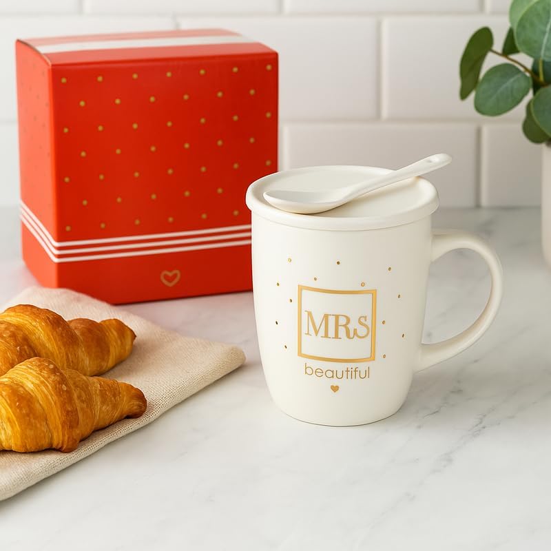 96 Pieces White Ceramic Mugs with Spoon and Lid (MR.s Beautiful Design in Golden Color)