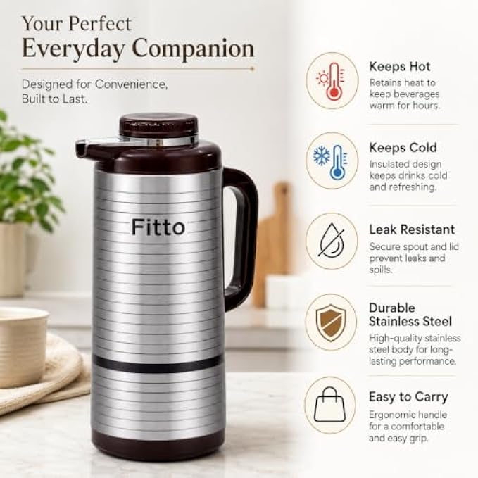 72 Pieces Stainless Steel Insulated Thermal Flasks with Handle and Pour Spout (Leak-Resistant Hot and Cold Beverage Jug for Home – Office and Travel – Silver and Dark Brown)