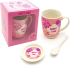 96 Pieces Ceramic Mugs with Spoon and Lid (Pink Outer – White Interior – Happy Time Floral Design)