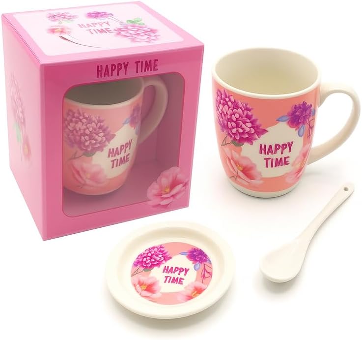 Ceramic Mug with Spoon and Lid, Pink Outer, White Interior, Happy Time Floral Design