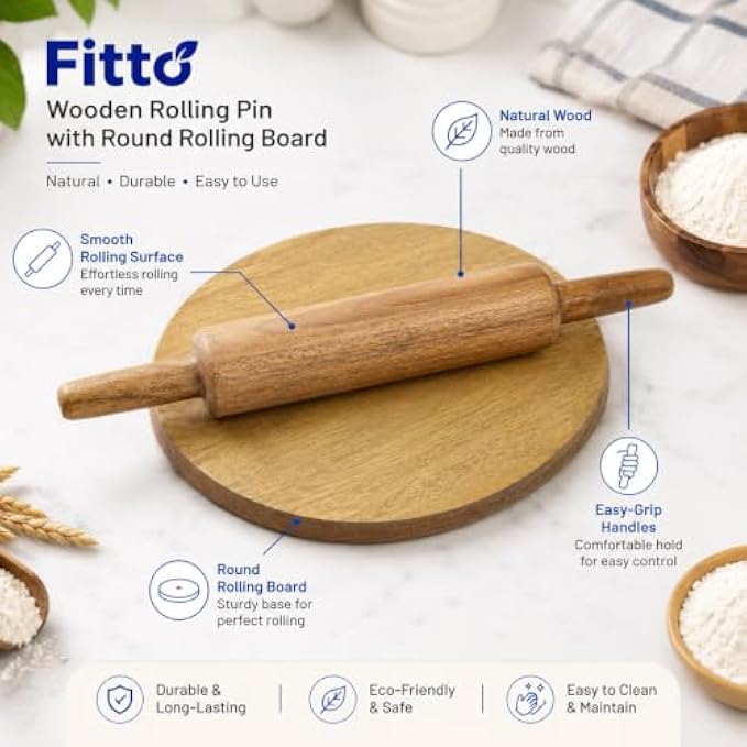 96 Pieces Wooden Rolling Pins with Round Rolling Board (Natural Wood Dough Roller Set with Easy-Grip Handles for Roti – Chapati and Baking)