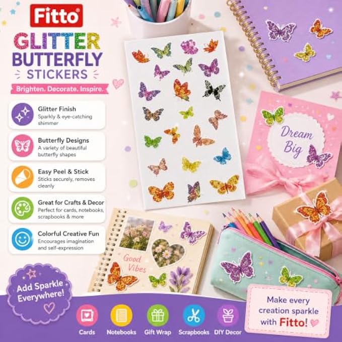 240 Pieces Glitter Butterfly Stickers (Assorted Multicolor Peel-and-Stick Craft Decorations for Cards – Notebooks – Scrapbooks – Gift Wrap and DIY Decor)