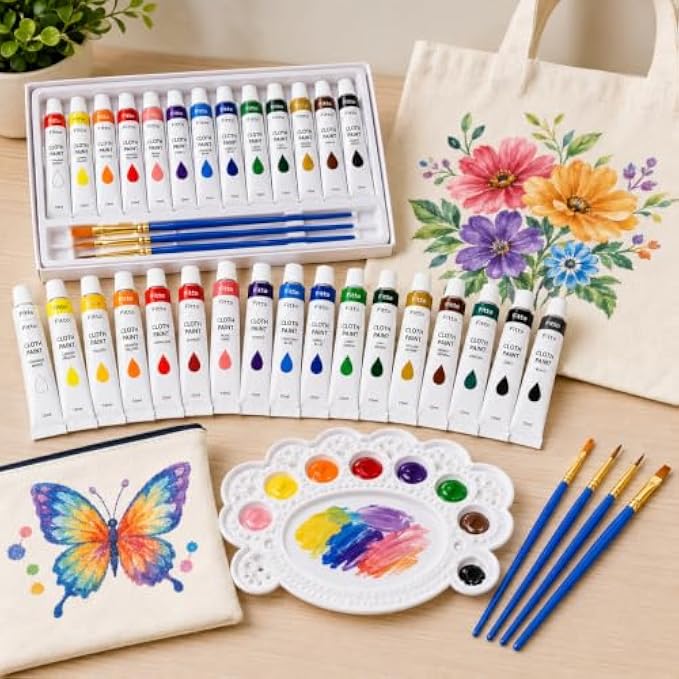 96 Pieces Cloth Paint Sets (17 x 12 ml Fabric Paint Tubes with 4 Brushes and Mixing Palette – Assorted Colors)
