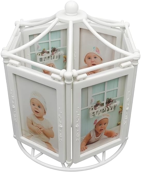White Rotating Photo Frame with 6 Picture Slots and Music for Home Decor