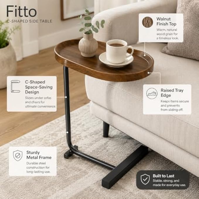 72 Pieces C-Shaped Side Tables with Walnut Finish Tray Top (Raised Edge and Sturdy Metal Frame – Space-Saving Sofa End Table – Walnut Brown and Black)
