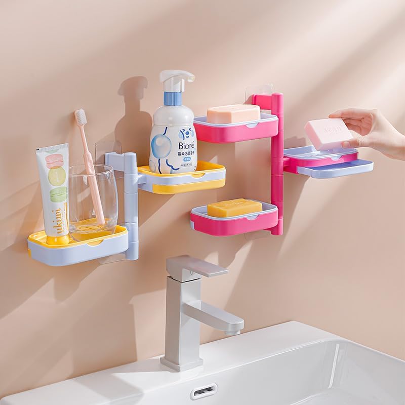 Adhesive Wall Mounted Rotating Soap Box - Three Layers - Rose Red & Sky Blue