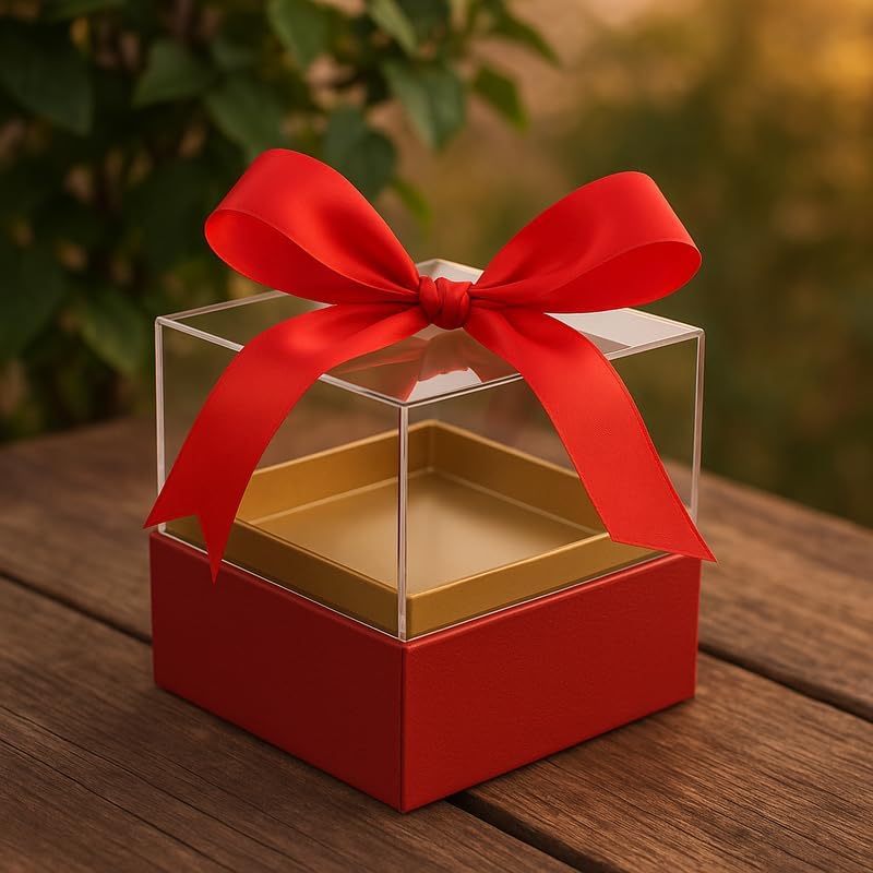 Transparent Acrylic Gift Flower Box with Red Ribbon, 13x13x12cm, Decorative Display Case