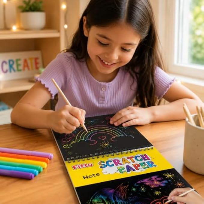 120 Pieces Rainbow Scratch Paper Art Sets (10 Black Scratch Sheets 20 x 28 cm with Wooden Stylus – Spiral-Bound Creative Drawing Pad for Art – Doodling and Crafts)
